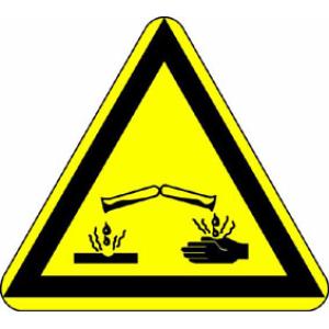 Signal d'avertissement: Mise en garde contre des substances caustiques, selon DIN 4844 et VGB 125