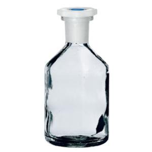 Flacon bouché émeri, 100 ml, col étroit, verre blanc, bouchon polyéthylène