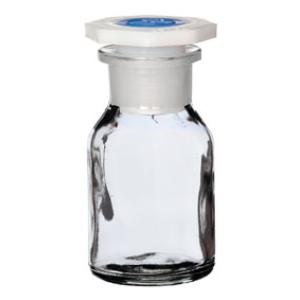 Flacon bouché émeri, 100 ml, col large, verre blanc, bouchon polyéthylène